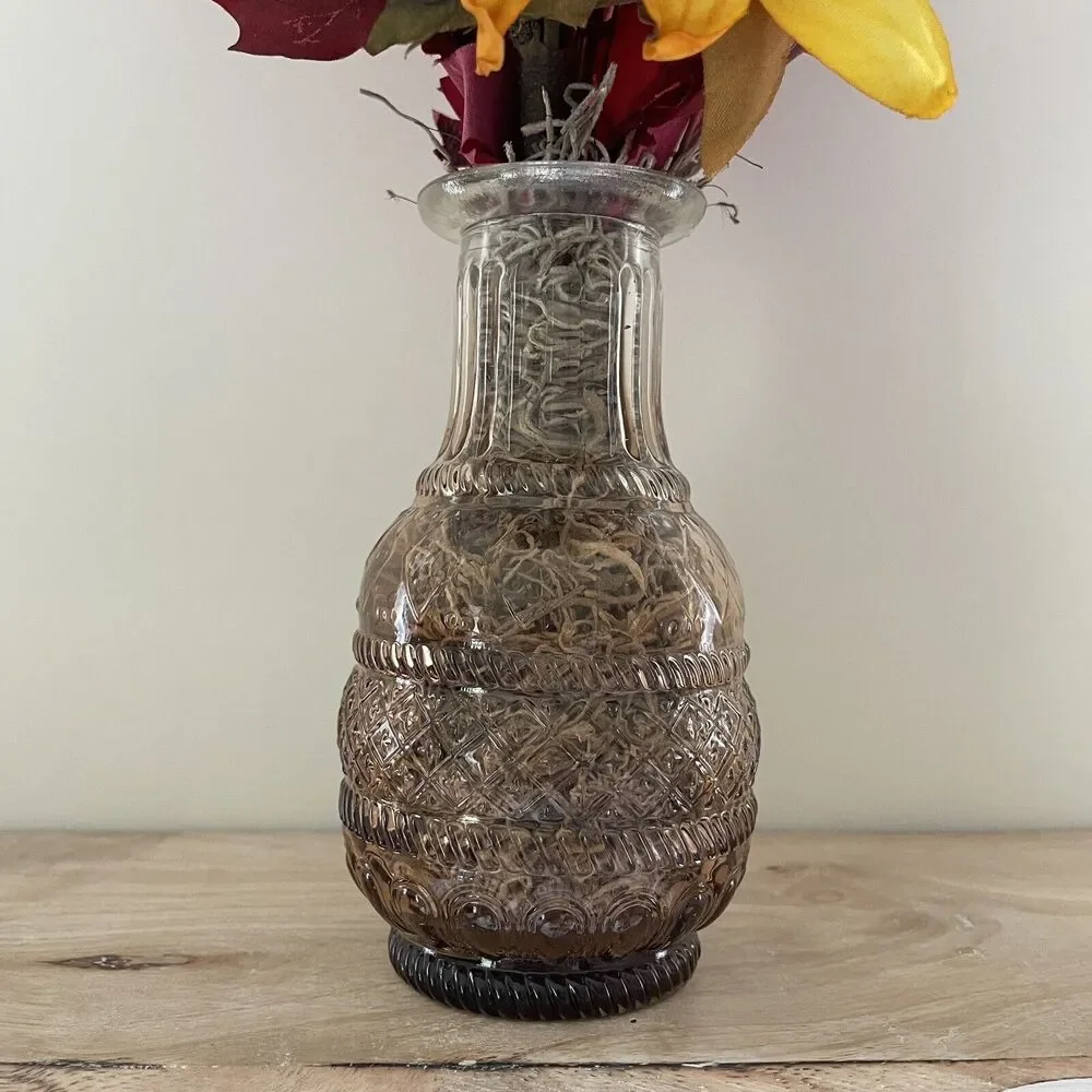 Handmade Artificial Sunflower & Fall Leaves Arrangement in Amber Glass Vase